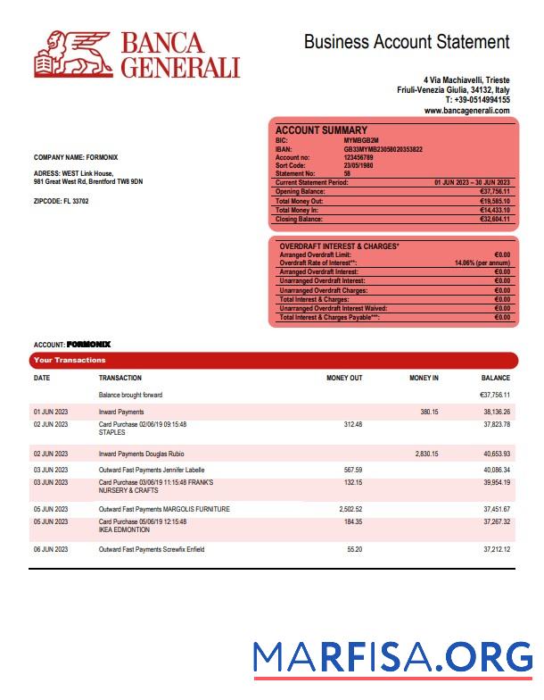 Realistic Banca Generali organization checking account statement Word and PDF template